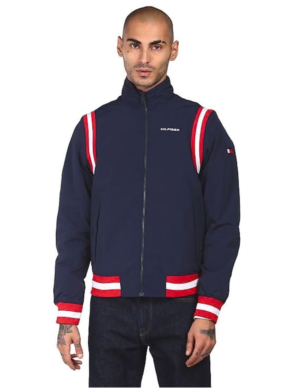 Tommy Hilfiger Navy Bomber Jacket with Red & White Stripes size XL preppy